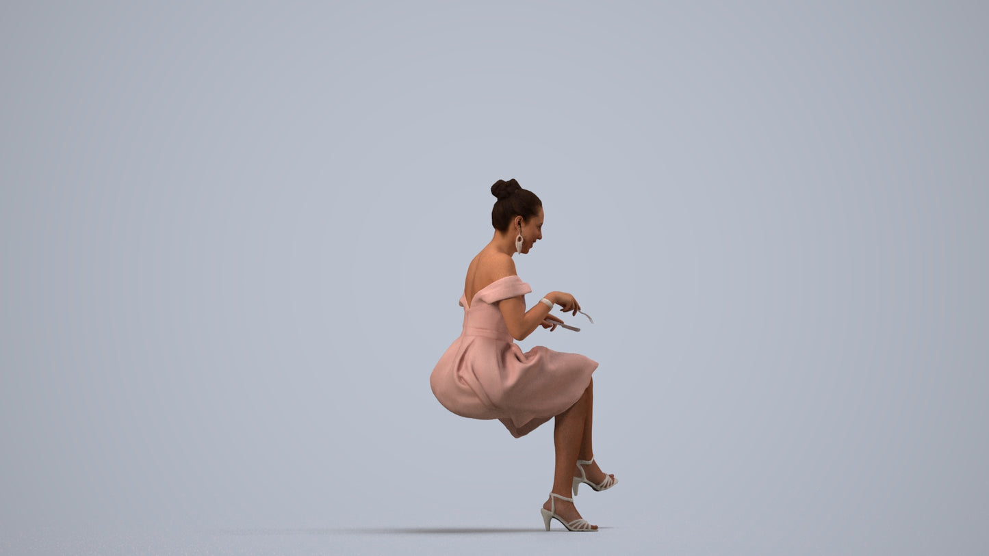 3D human model woman formal sitting, photogrammetry scanned person for archviz, side view render