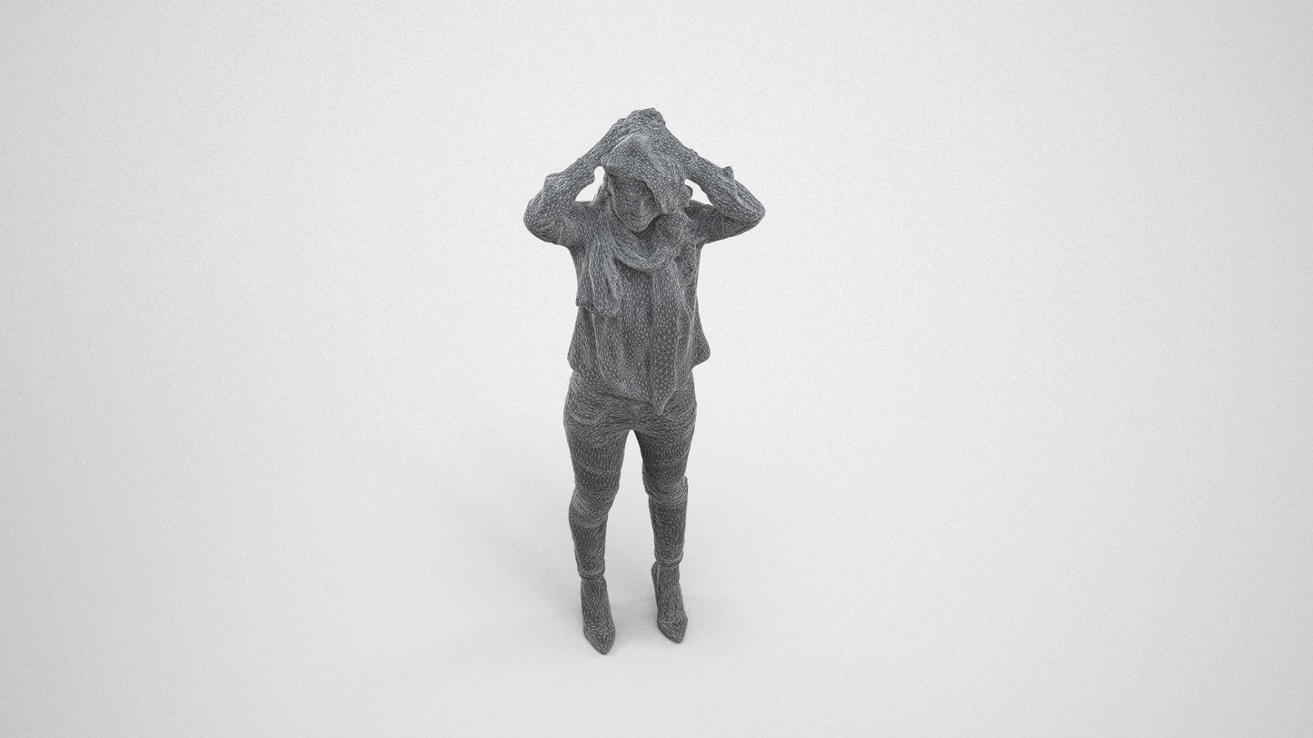 scanned 3D woman casual standing, photogrammetry people for Enscape and V-Ray, wireframe three-quarter view