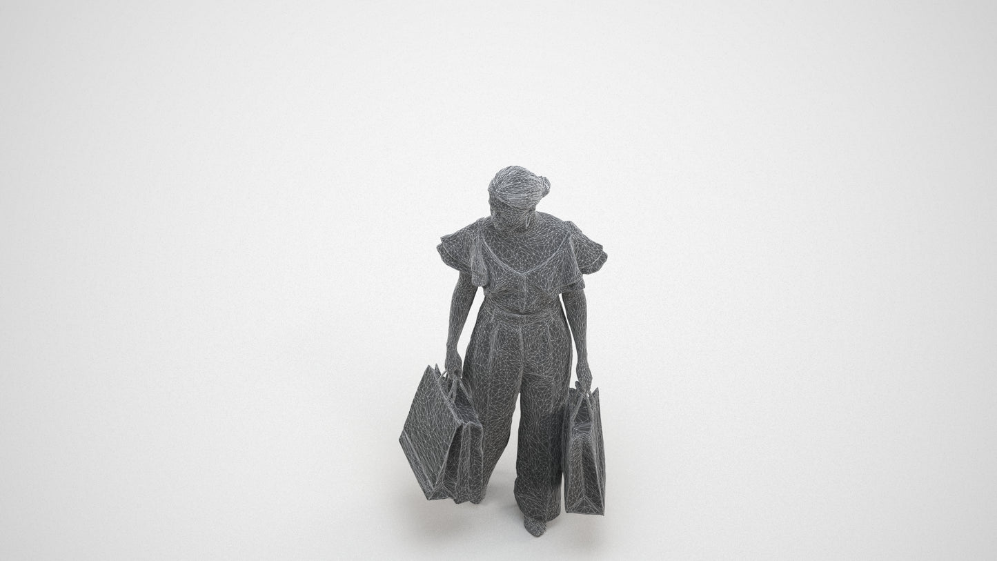 scanned 3D woman business shopping, photogrammetry people for Enscape and V-Ray, wireframe three-quarter view