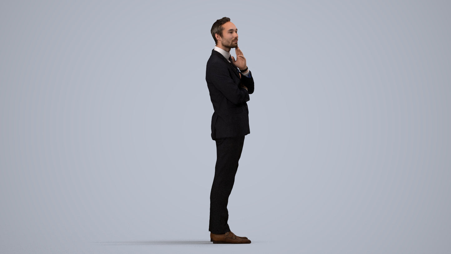 3D human model man formal business, photogrammetry scanned person for archviz, side view render