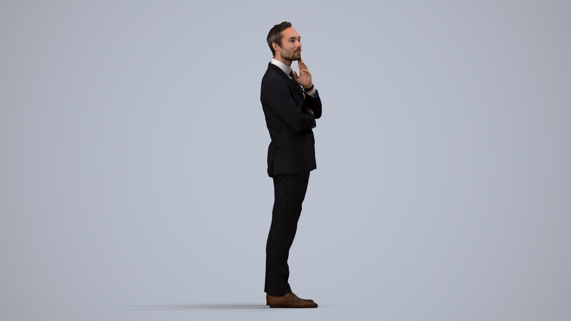 3D human model man formal business, photogrammetry scanned person for archviz, side view render