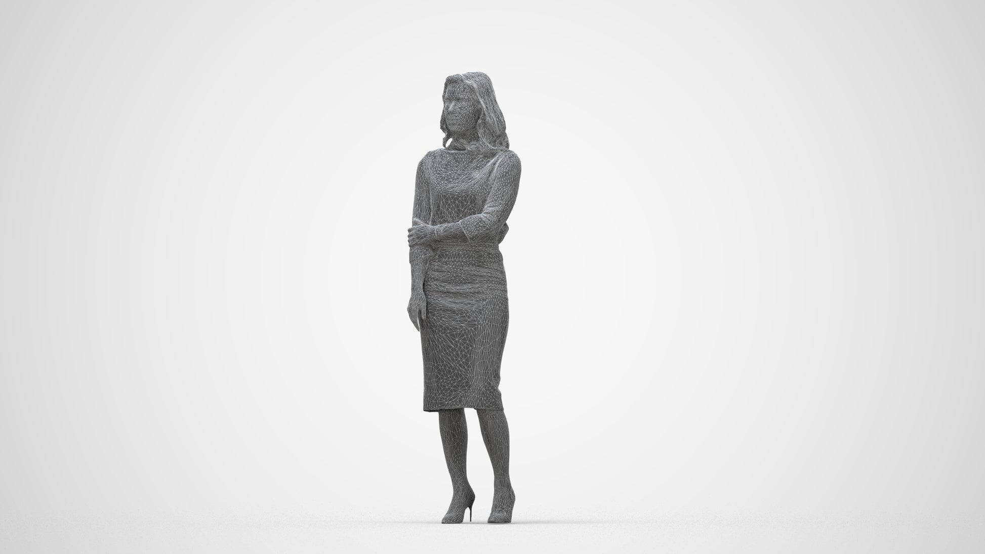 realistic 3D human woman business standing, archviz people FBX OBJ for Blender, wireframe back view