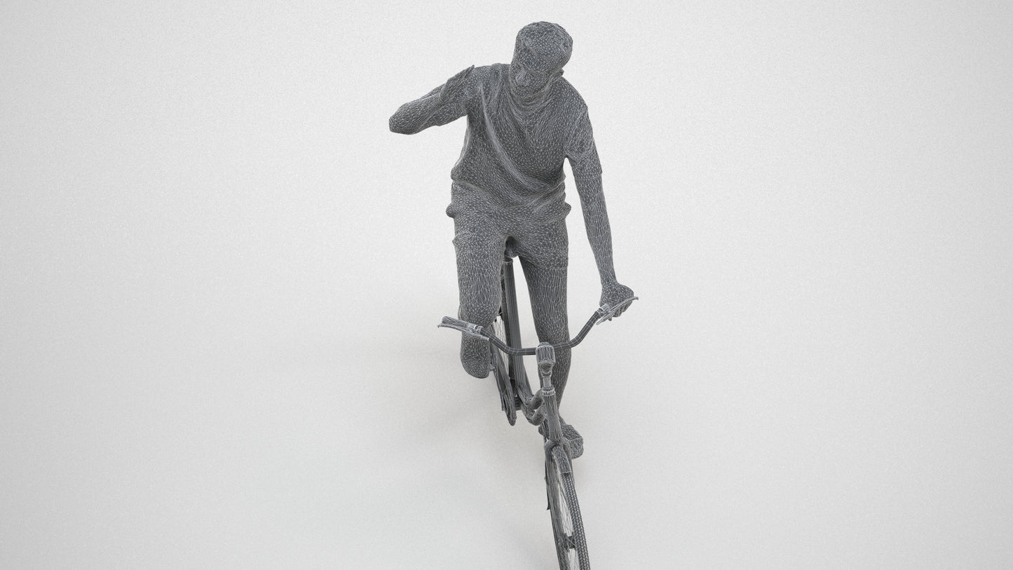 realistic 3D human man casual cycling, archviz people FBX OBJ for Blender, wireframe three-quarter view