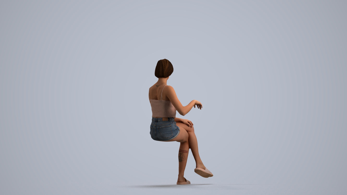 3D human model woman casual sitting, photogrammetry scanned person for archviz, front view render