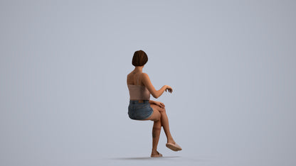 3D human model woman casual sitting, photogrammetry scanned person for archviz, front view render