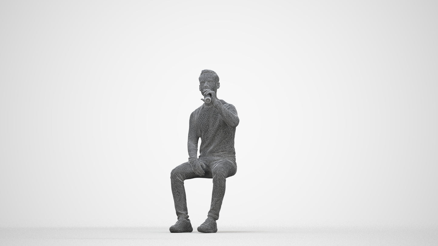 realistic 3D man casual sitting, scanned archviz people for Blender and 3ds Max, wireframe back view