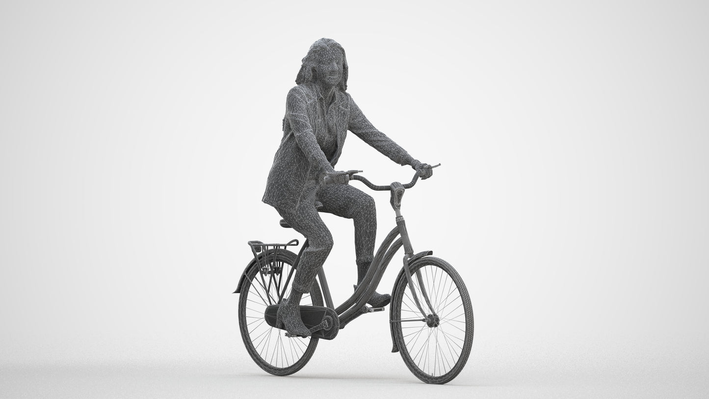 photogrammetry 3D woman business cycling, realistic human model archviz FBX, three-quarter front view render