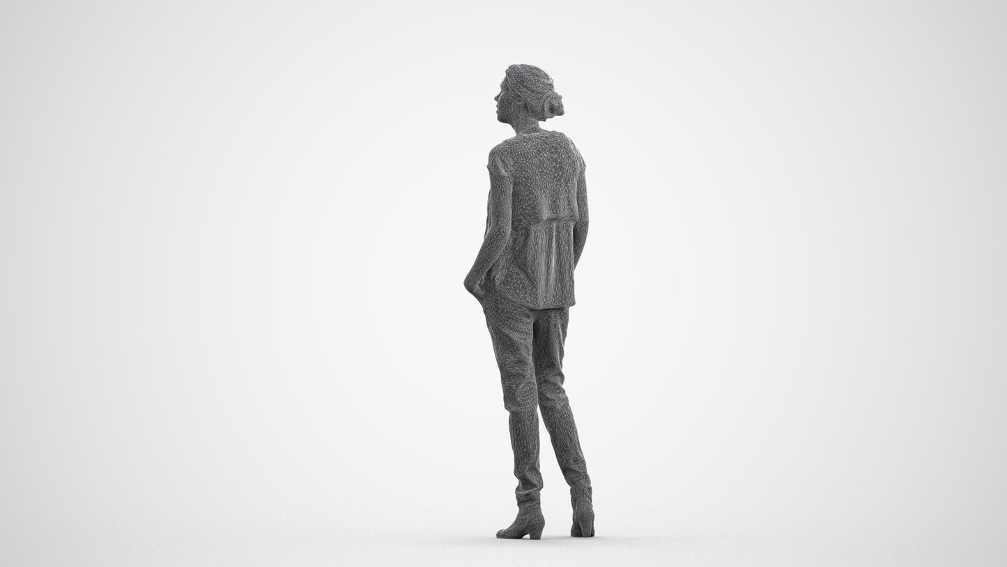 scanned 3D woman casual standing, photogrammetry people for Enscape and V-Ray, wireframe front view