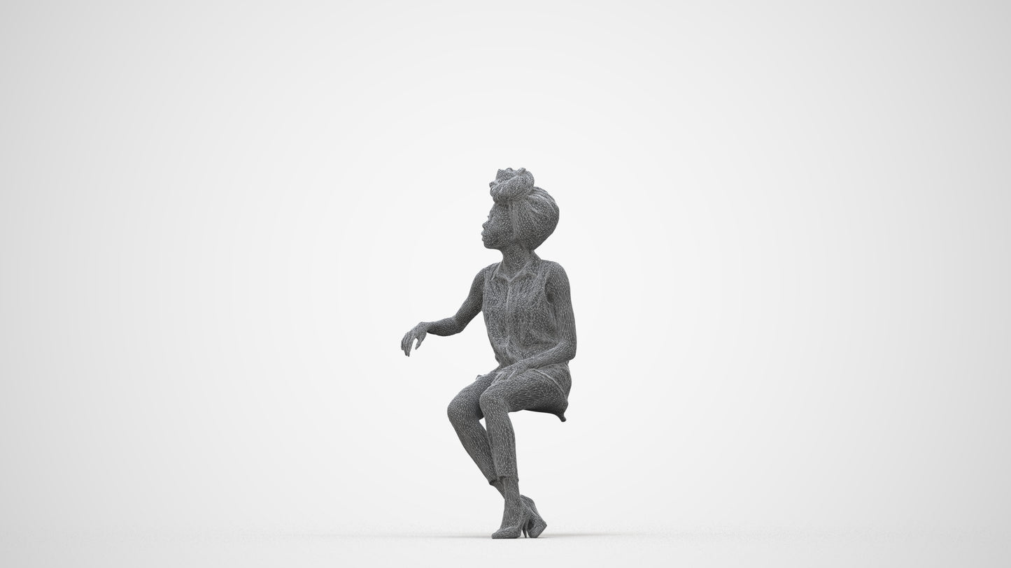 3D people model woman casual sitting, scanned human for 3ds Max rendering, wireframe back view
