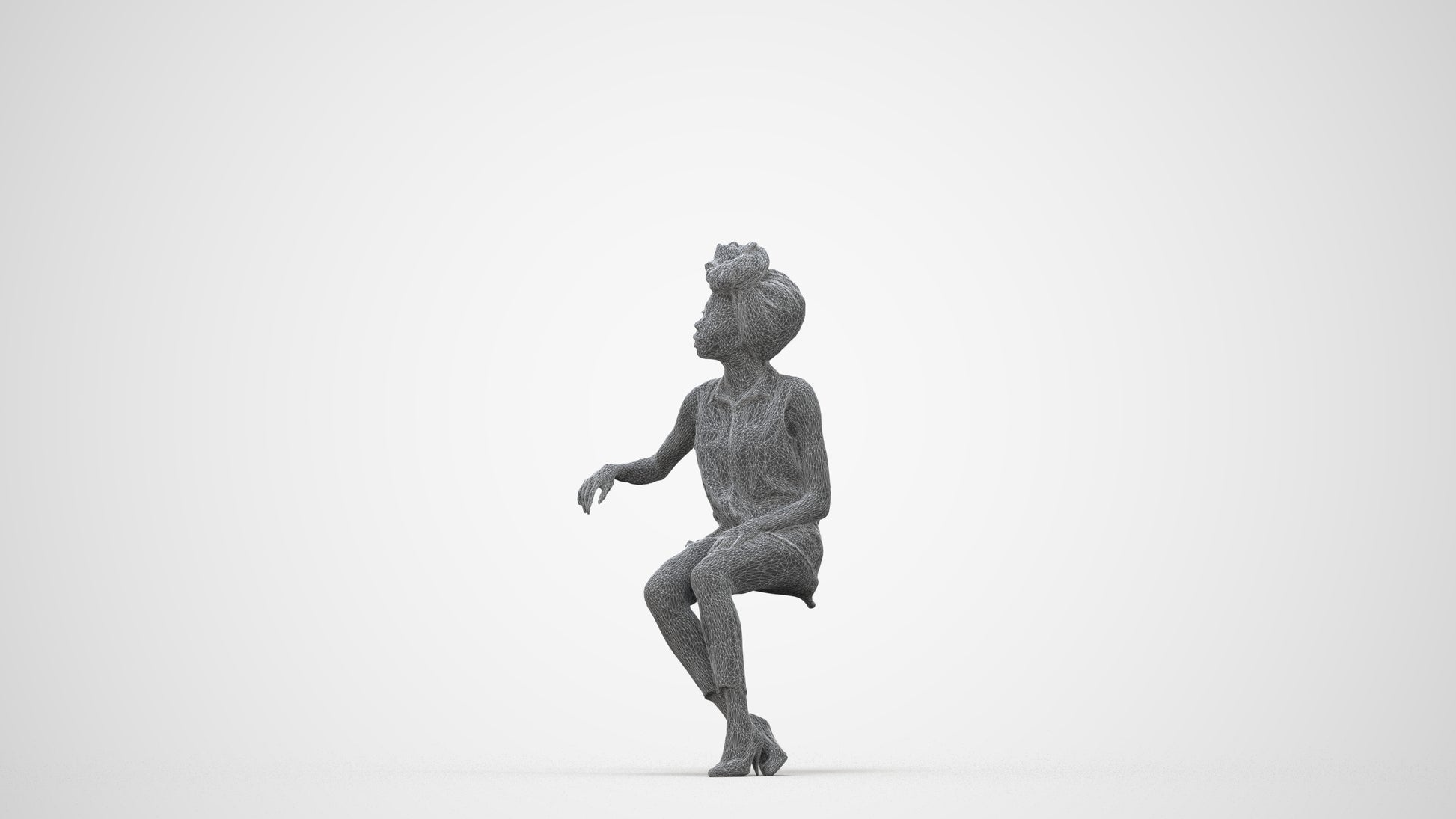 3D people model woman casual sitting, scanned human for 3ds Max rendering, wireframe back view