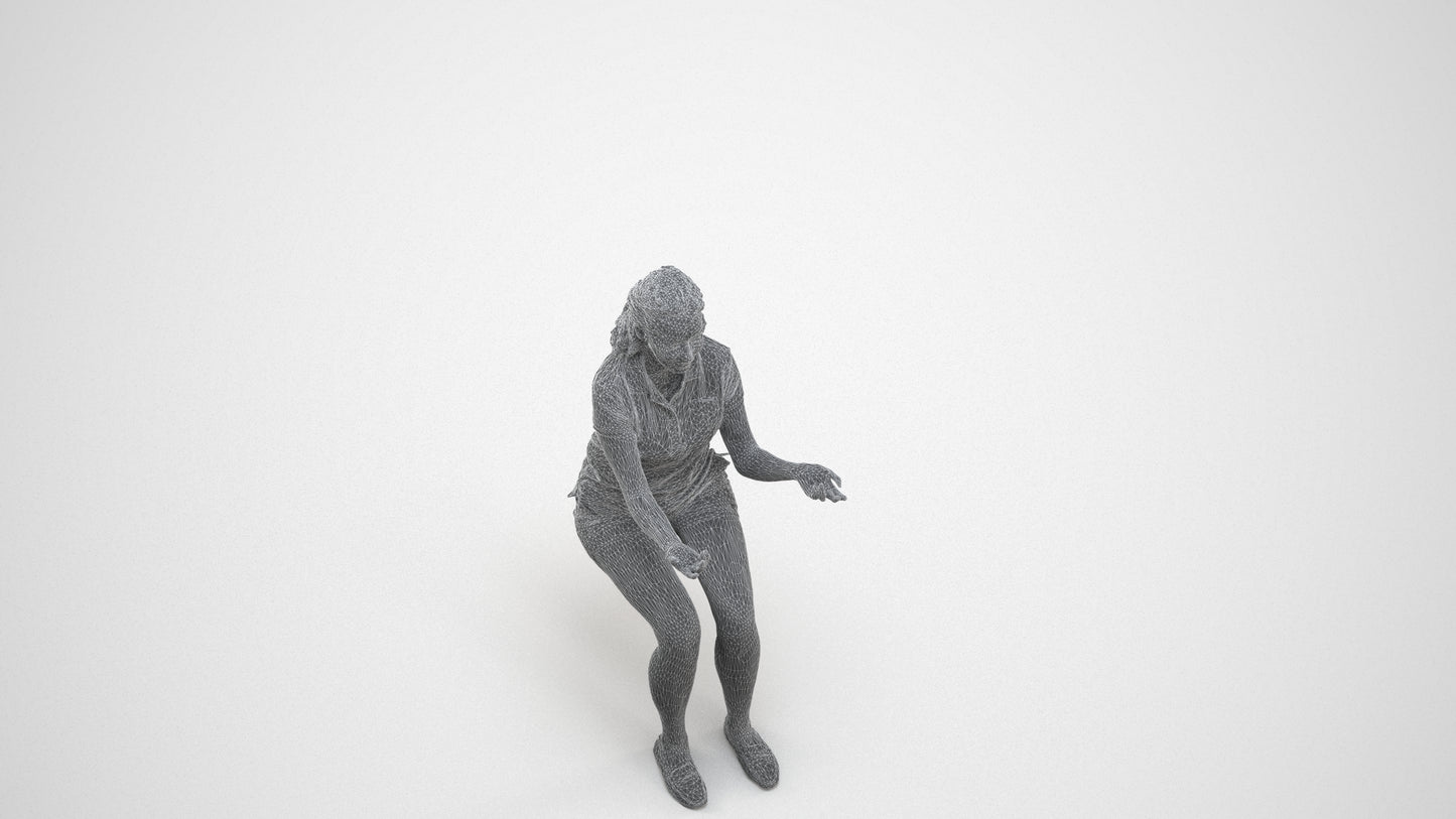 3D human model woman casual sitting, photogrammetry scanned person for archviz, wireframe three-quarter view