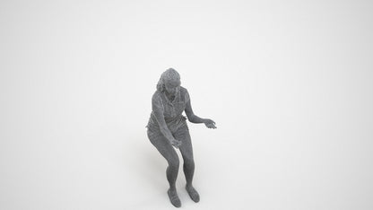 3D human model woman casual sitting, photogrammetry scanned person for archviz, wireframe three-quarter view