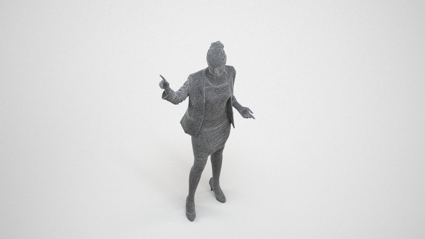 photogrammetry 3D woman business, realistic human model archviz FBX, wireframe three-quarter view