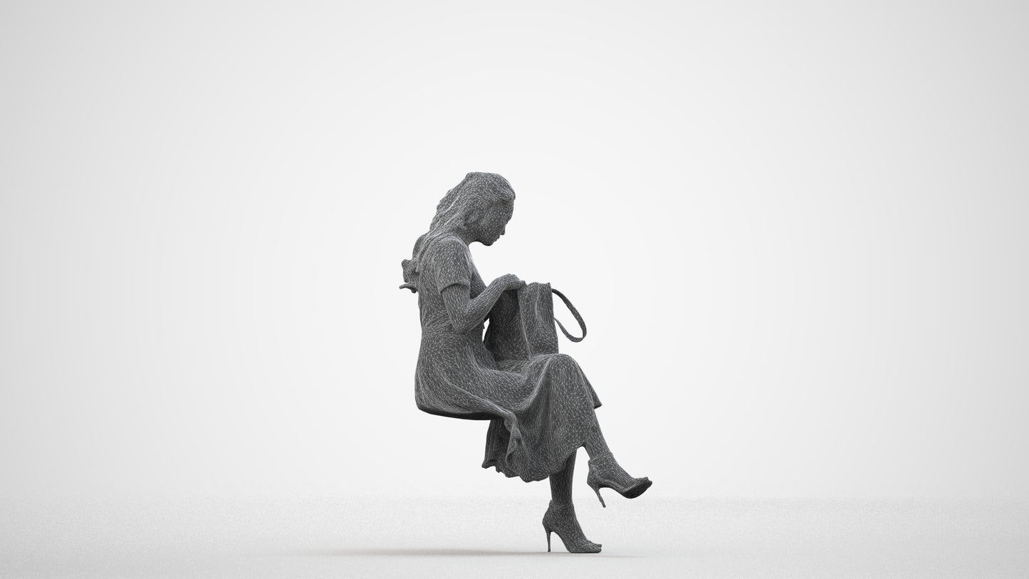 3D people model woman casual sitting, scanned human for 3ds Max rendering, wireframe side view