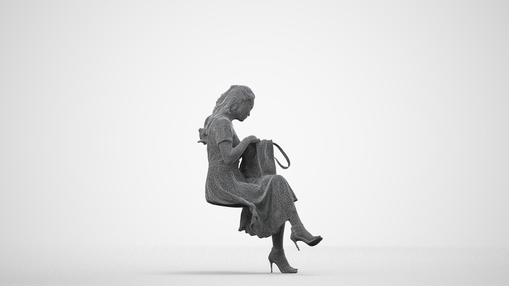 3D people model woman casual sitting, scanned human for 3ds Max rendering, wireframe side view