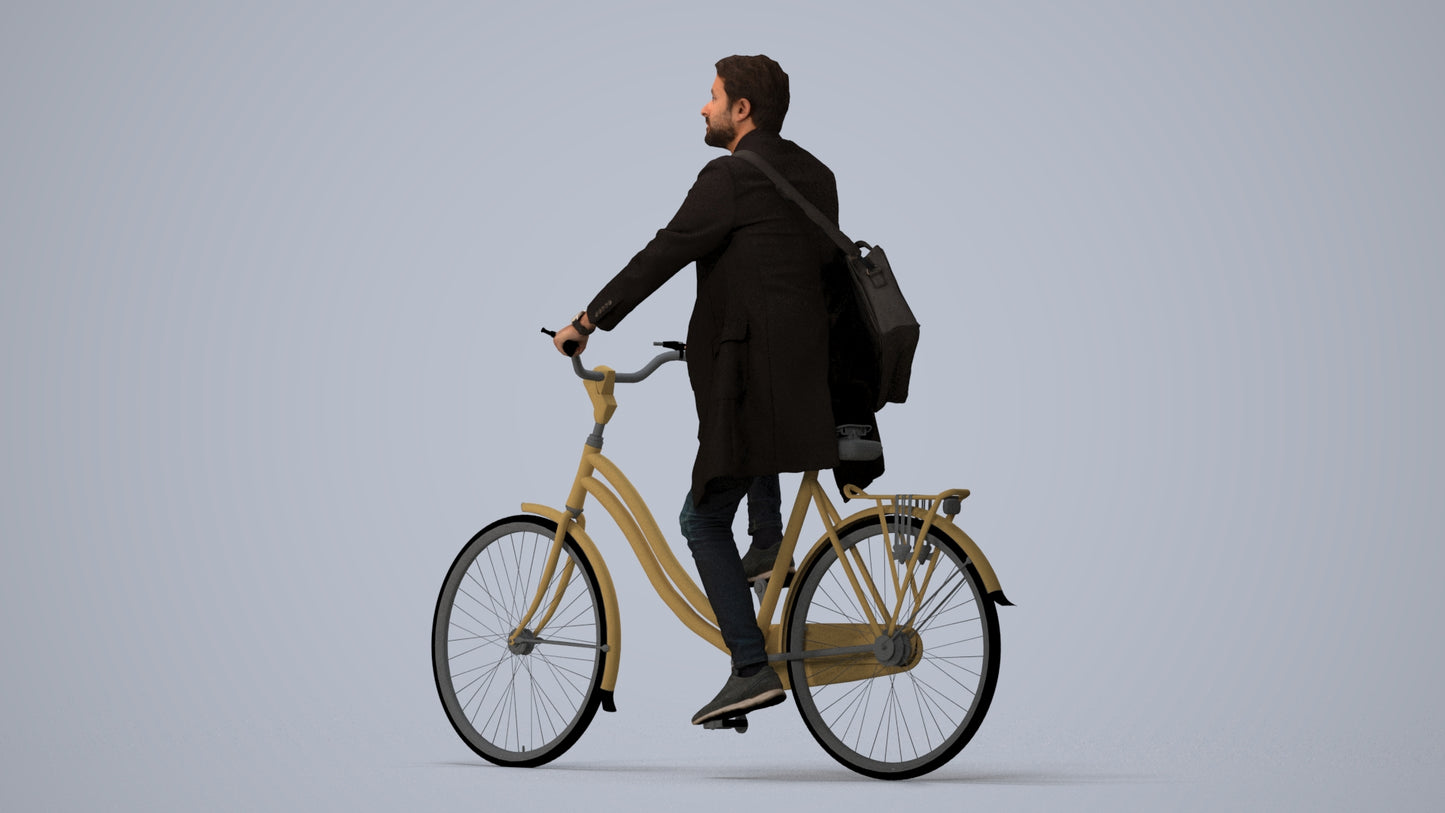 realistic 3D human man business cycling, archviz people FBX OBJ for Blender, three-quarter view render
