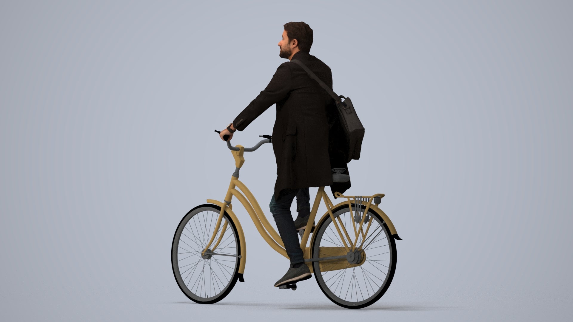 realistic 3D human man business cycling, archviz people FBX OBJ for Blender, three-quarter view render