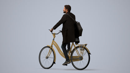 realistic 3D human man business cycling, archviz people FBX OBJ for Blender, three-quarter view render