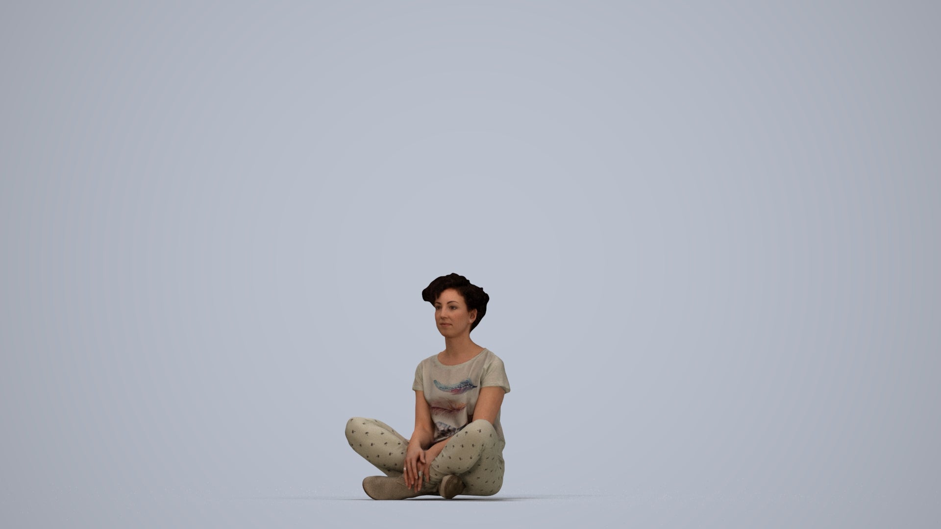 realistic 3D woman sitting, scanned archviz people for Blender and 3ds Max, top-down view render