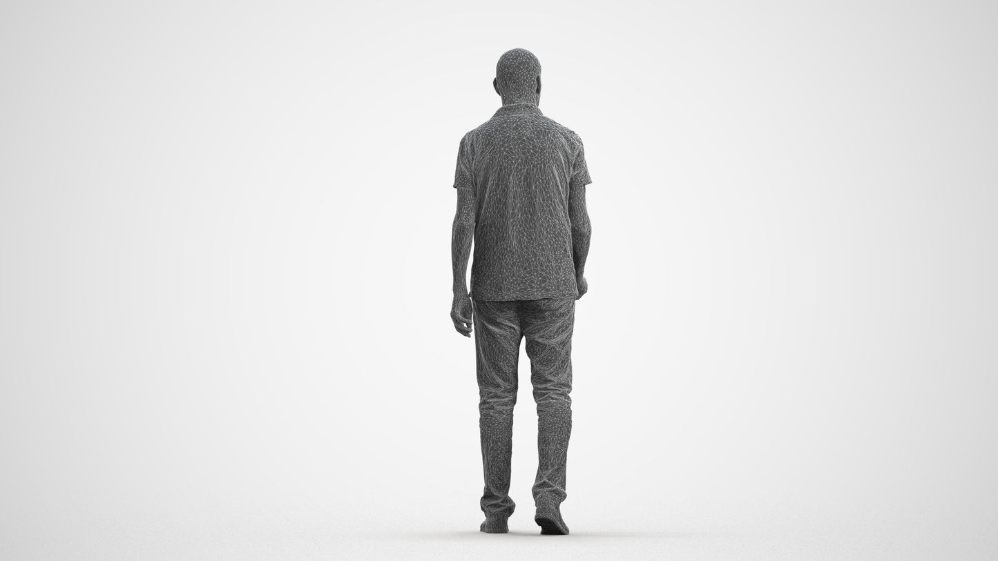 scanned 3D senior man casual walking, photogrammetry people for Enscape and V-Ray, wireframe front view