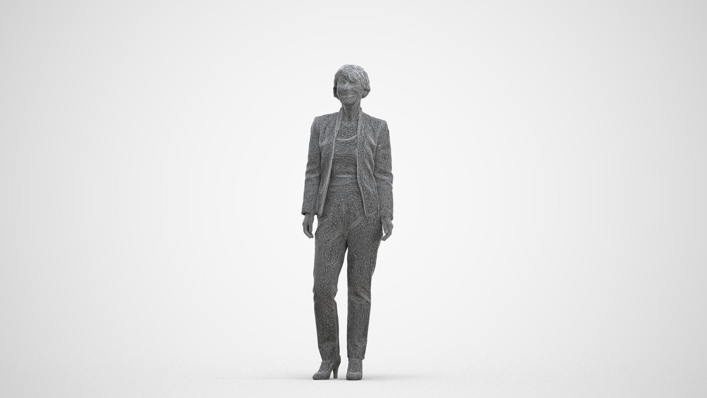 scanned 3D senior woman business standing, photogrammetry people for Enscape and V-Ray, three-quarter front view render