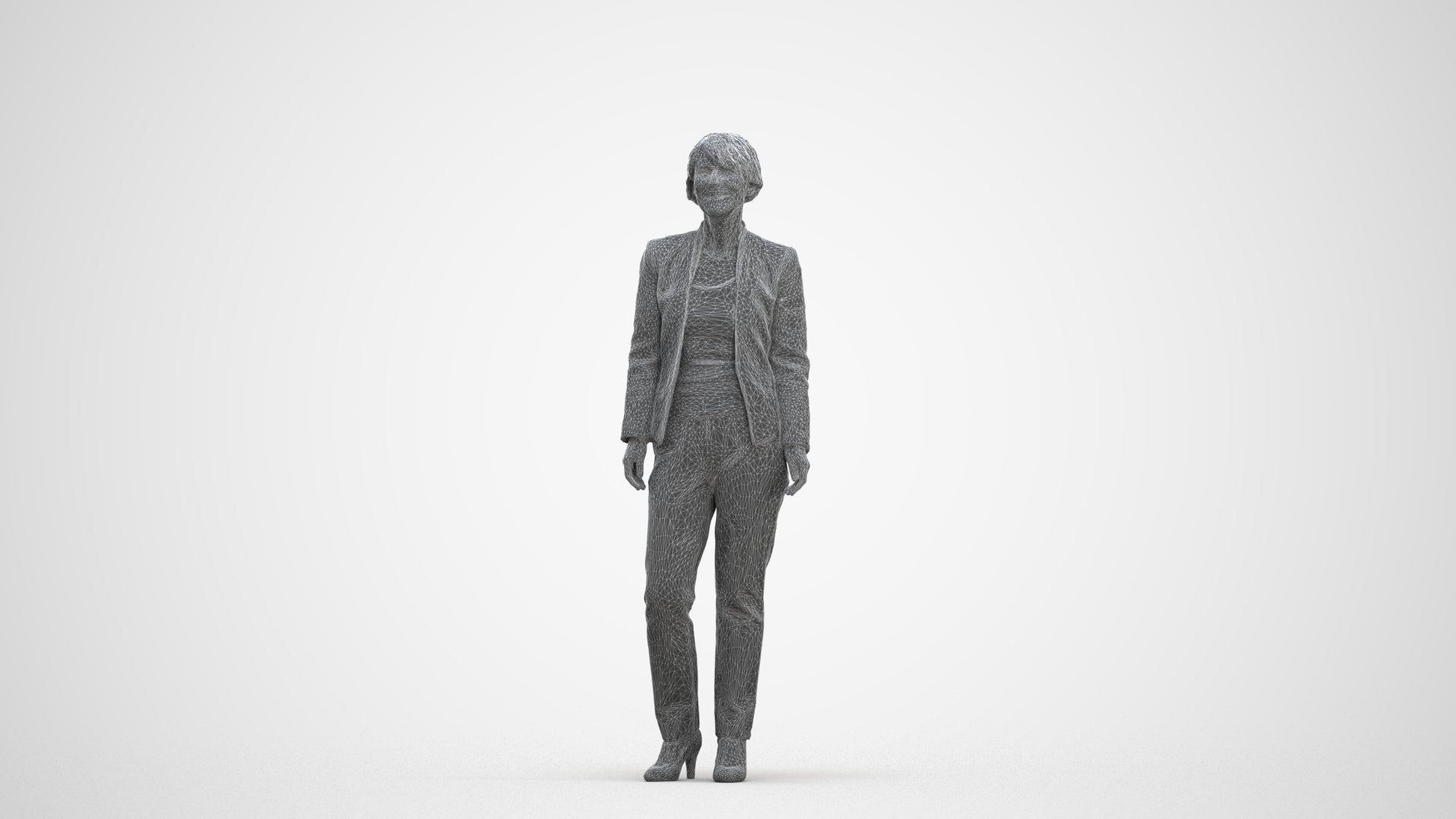 scanned 3D senior woman business standing, photogrammetry people for Enscape and V-Ray, three-quarter front view render