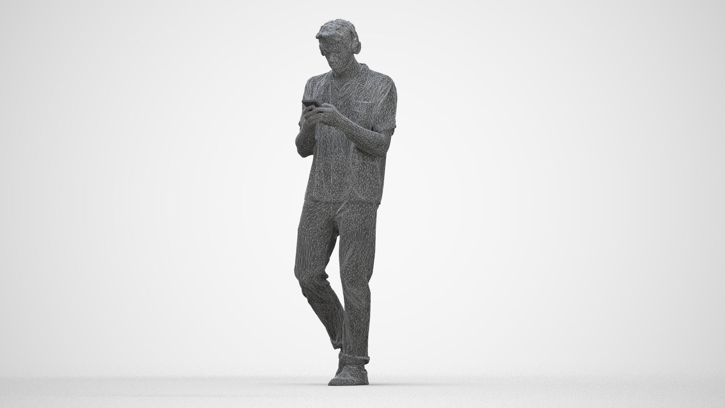3D scanned man standing casual, photorealistic archviz people for Enscape and SketchUp, wireframe back view