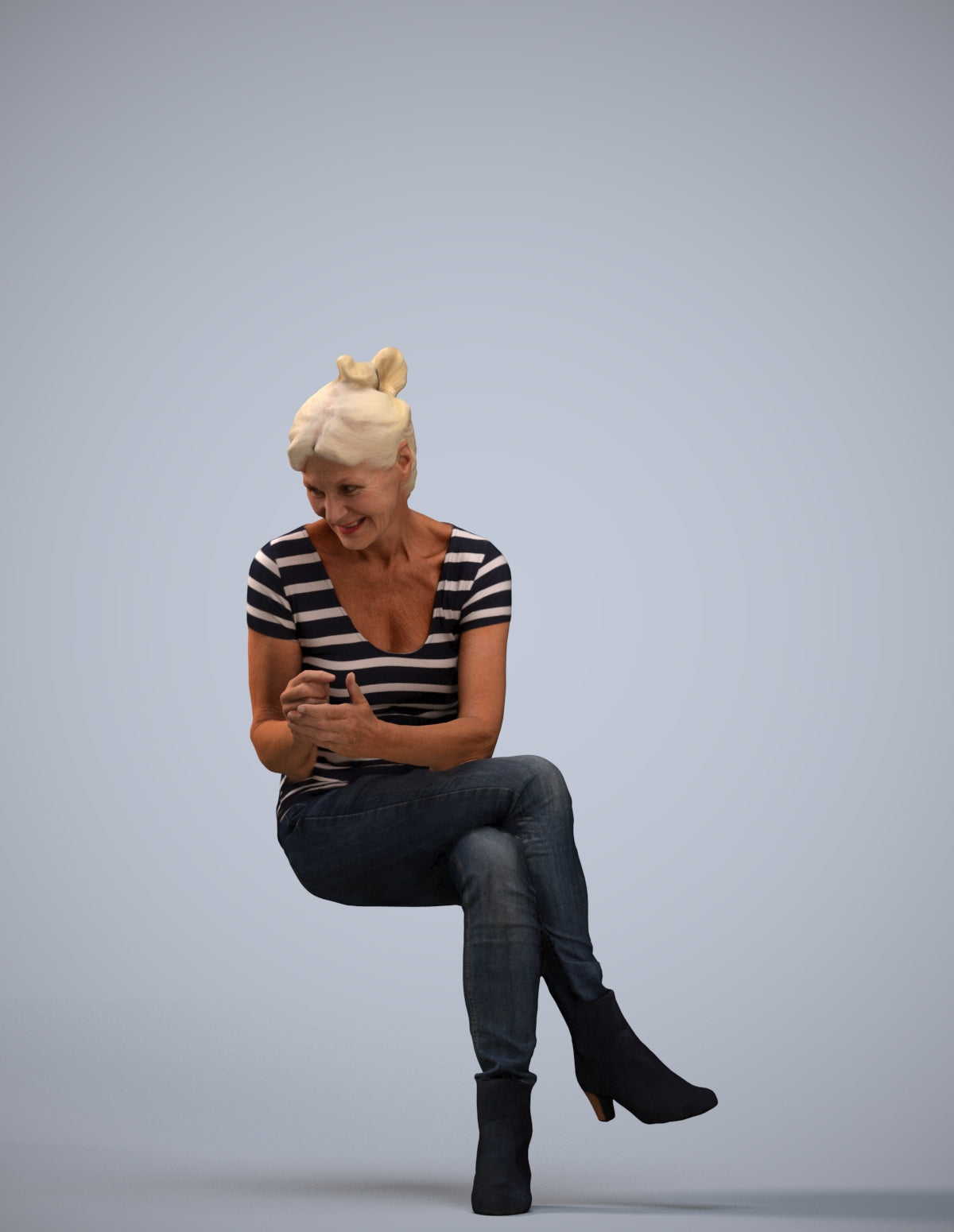 3D people model senior woman casual sitting, scanned human for 3ds Max rendering