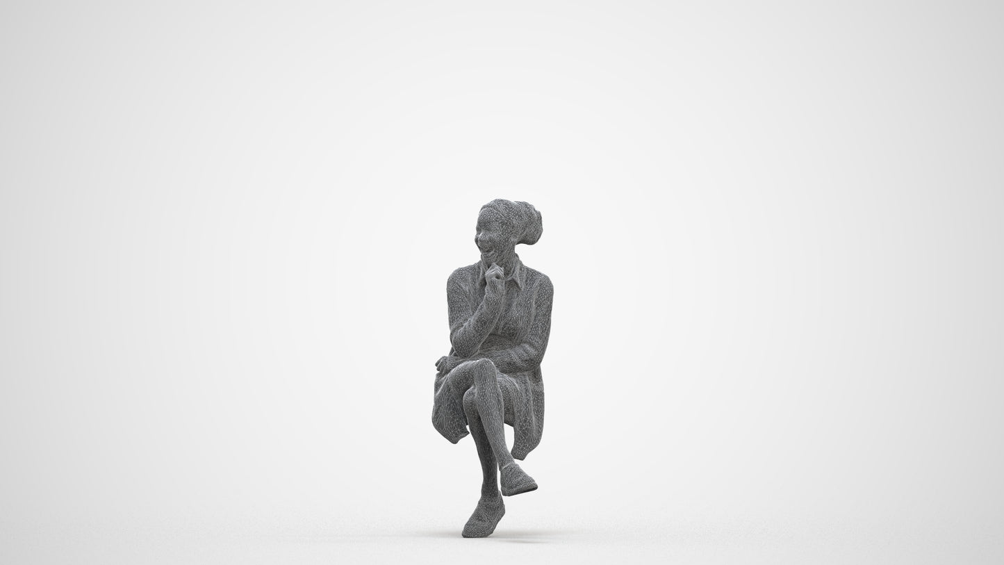 3D human model woman casual sitting, photogrammetry scanned person for archviz, three-quarter front view render