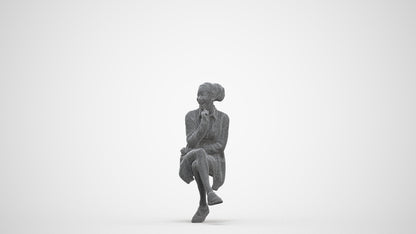 3D human model woman casual sitting, photogrammetry scanned person for archviz, three-quarter front view render