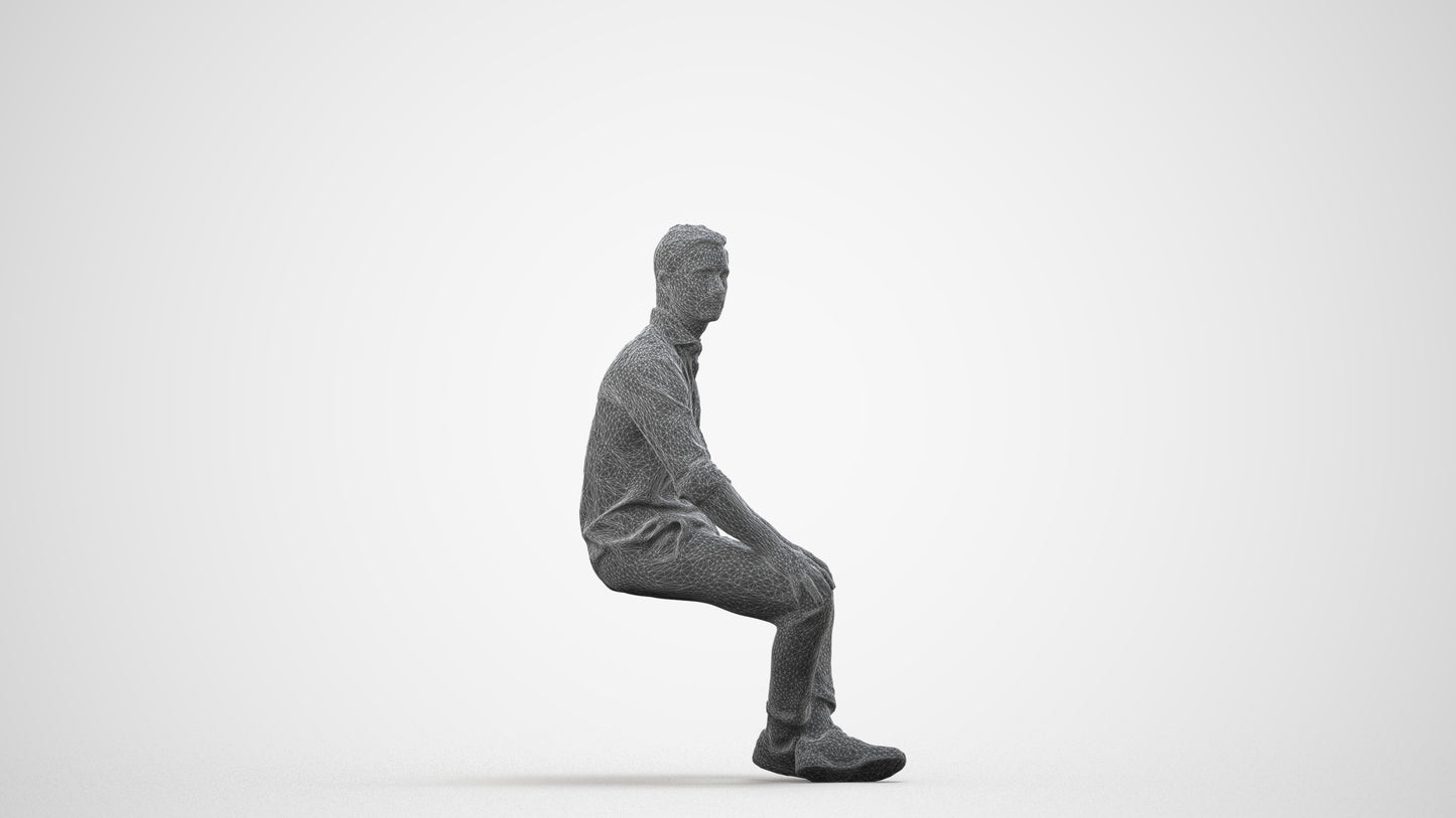scanned 3D man casual sitting, photogrammetry people for Enscape and V-Ray, wireframe side view