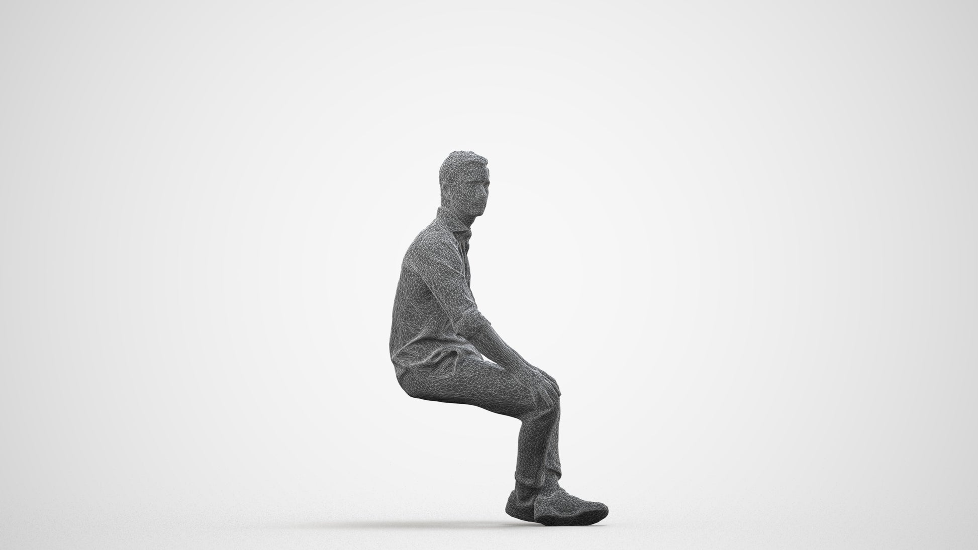 scanned 3D man casual sitting, photogrammetry people for Enscape and V-Ray, wireframe side view