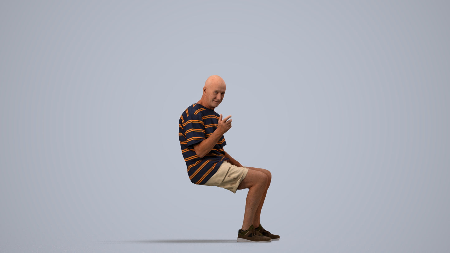 3D scanned senior man sitting casual, photorealistic archviz people for Enscape and SketchUp, side view render