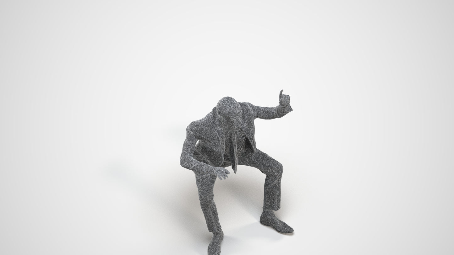 3D human model senior man business, photogrammetry scanned person for archviz, wireframe three-quarter view