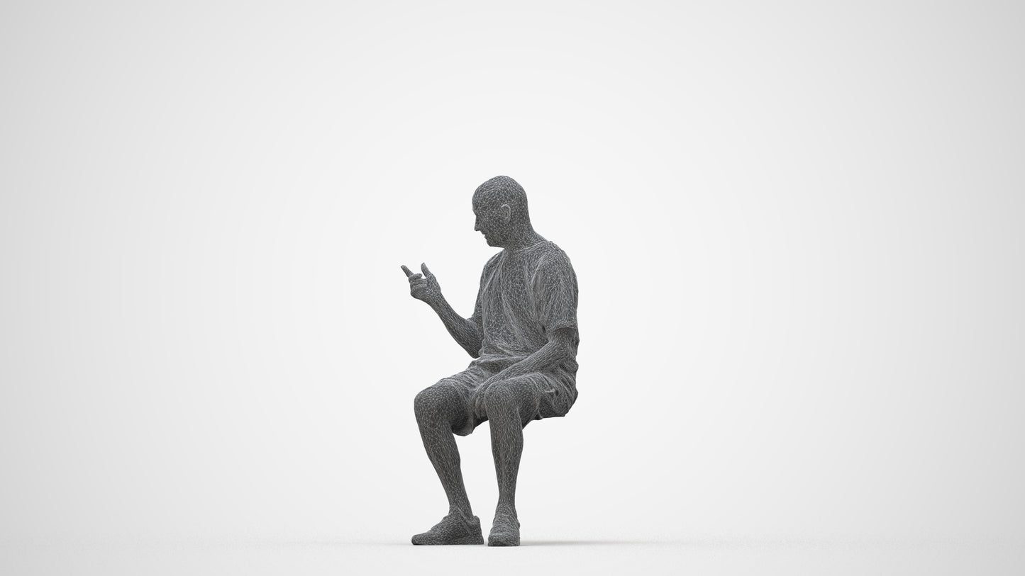 3D scanned senior man sitting casual, photorealistic archviz people for Enscape and SketchUp, wireframe back view