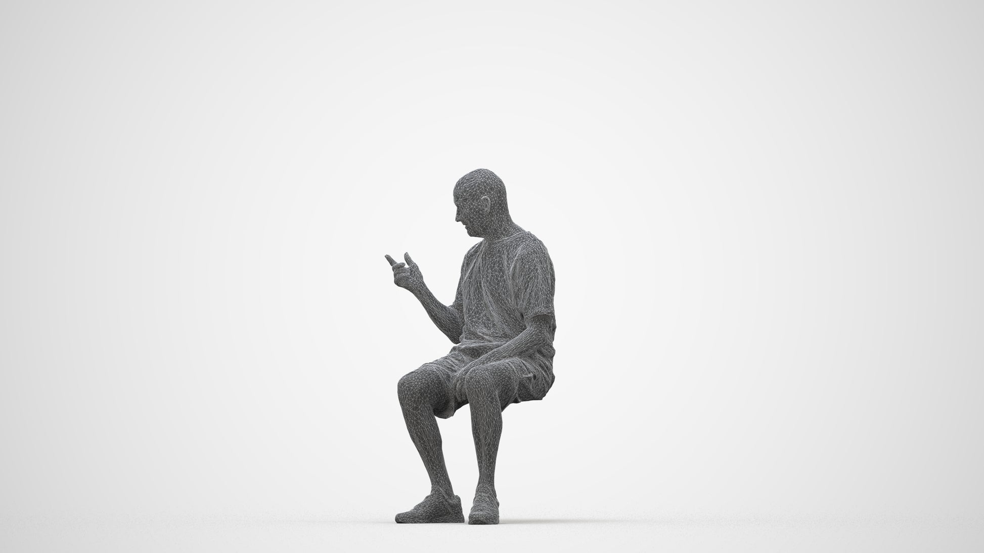3D scanned senior man sitting casual, photorealistic archviz people for Enscape and SketchUp, wireframe back view