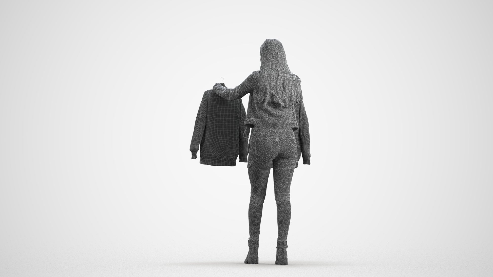 realistic 3D woman casual shopping, scanned archviz people for Blender and 3ds Max, wireframe front view