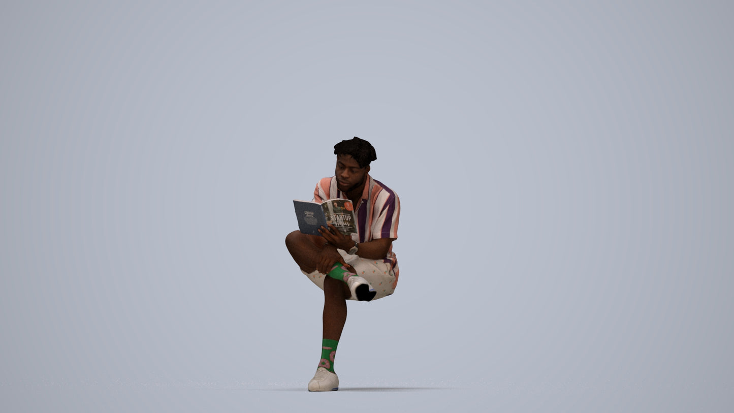 scanned 3D man casual sitting, photogrammetry people for Enscape and V-Ray, top-down view render