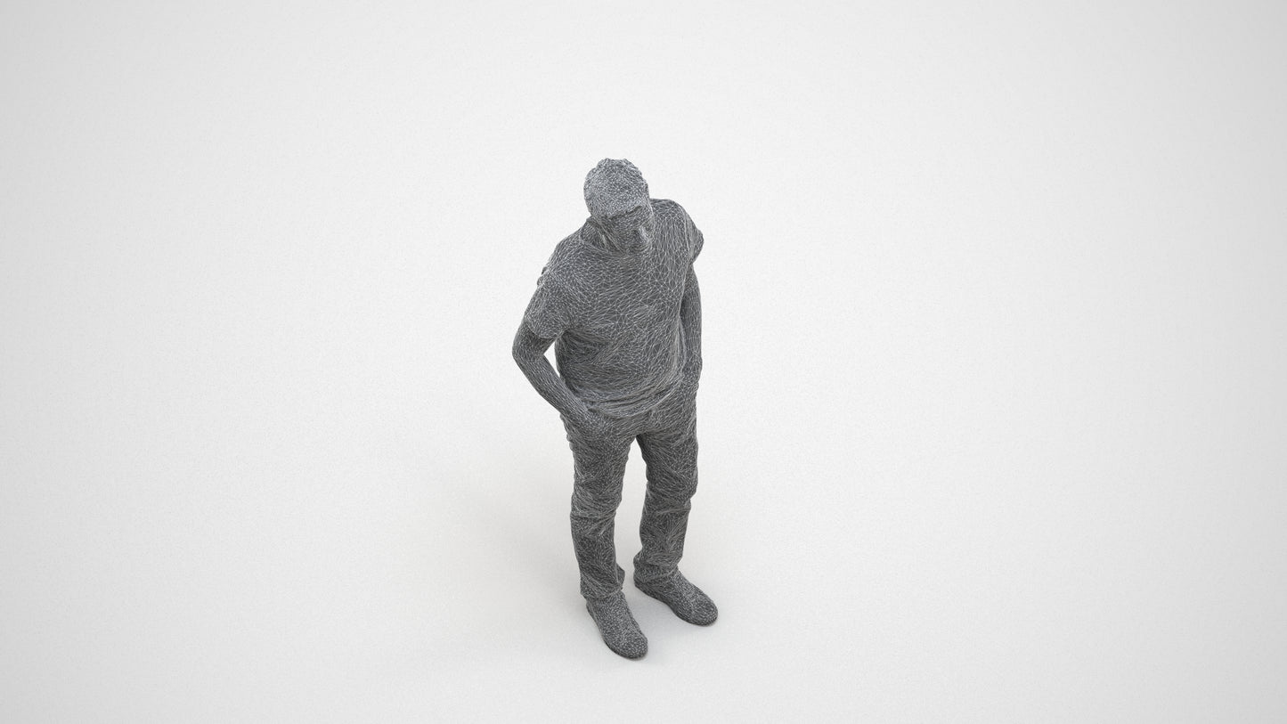 3D human model senior man casual standing, photogrammetry scanned person for archviz, wireframe three-quarter view