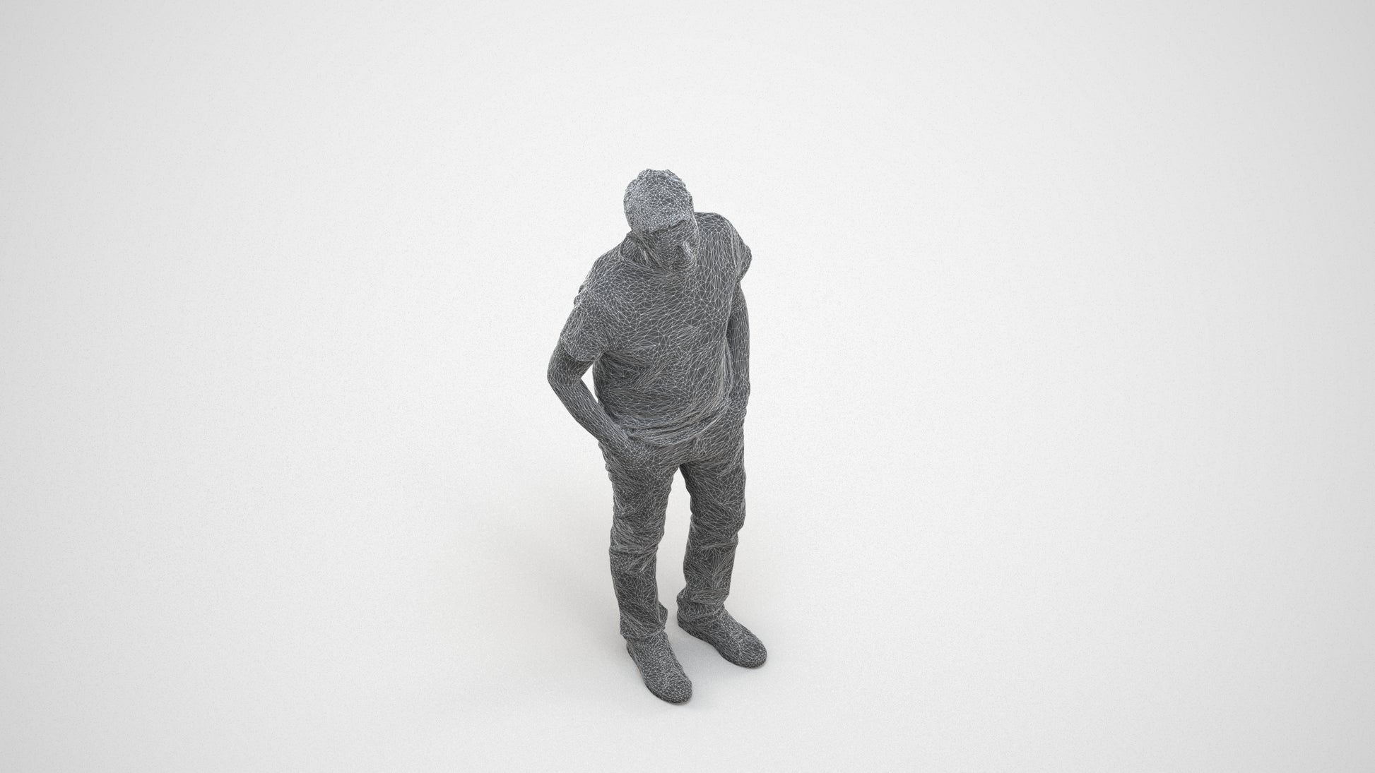 3D human model senior man casual standing, photogrammetry scanned person for archviz, wireframe three-quarter view