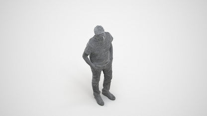 3D human model senior man casual standing, photogrammetry scanned person for archviz, wireframe three-quarter view