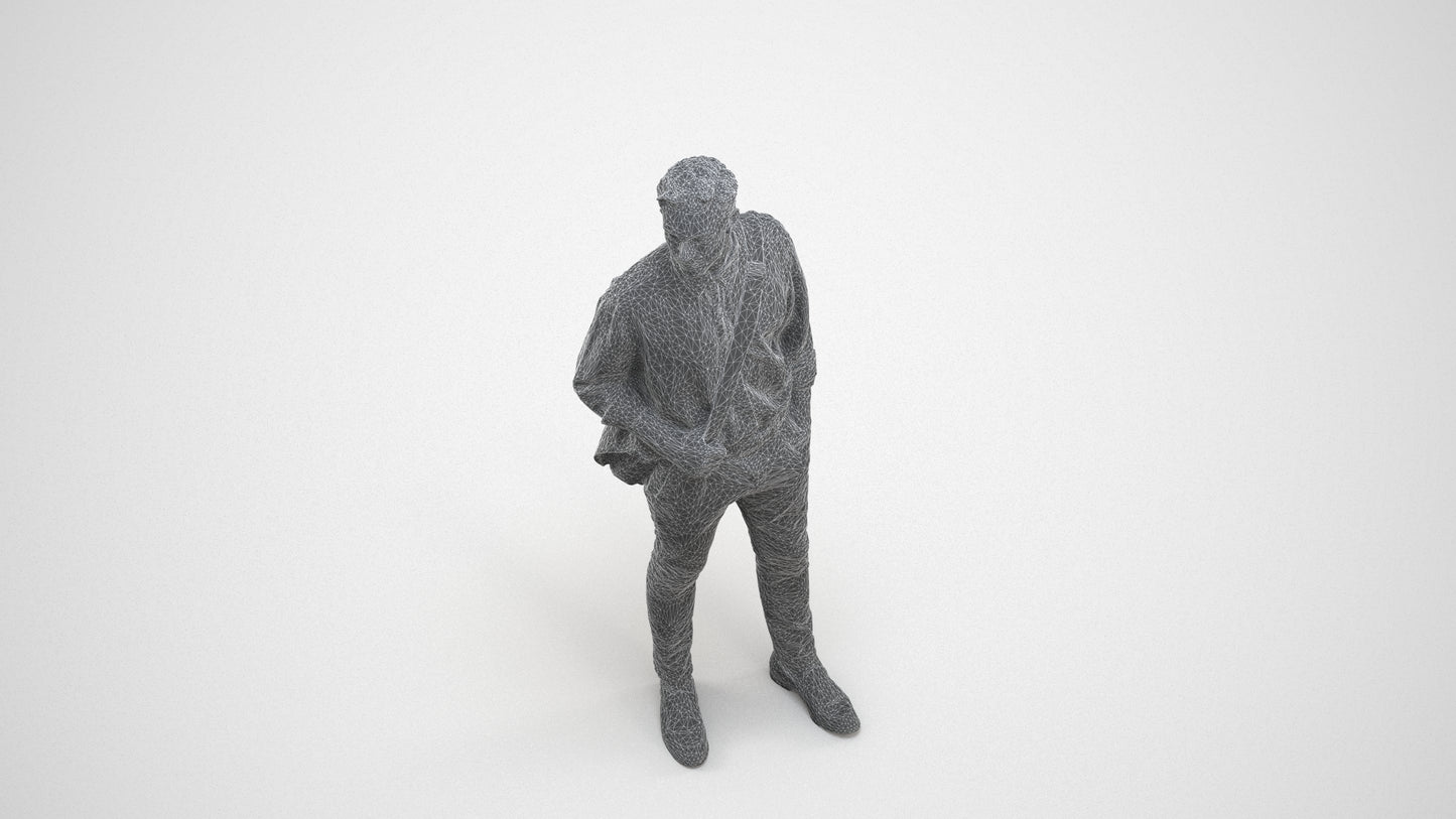 scanned 3D man casual standing, photogrammetry people for Enscape and V-Ray, wireframe three-quarter view