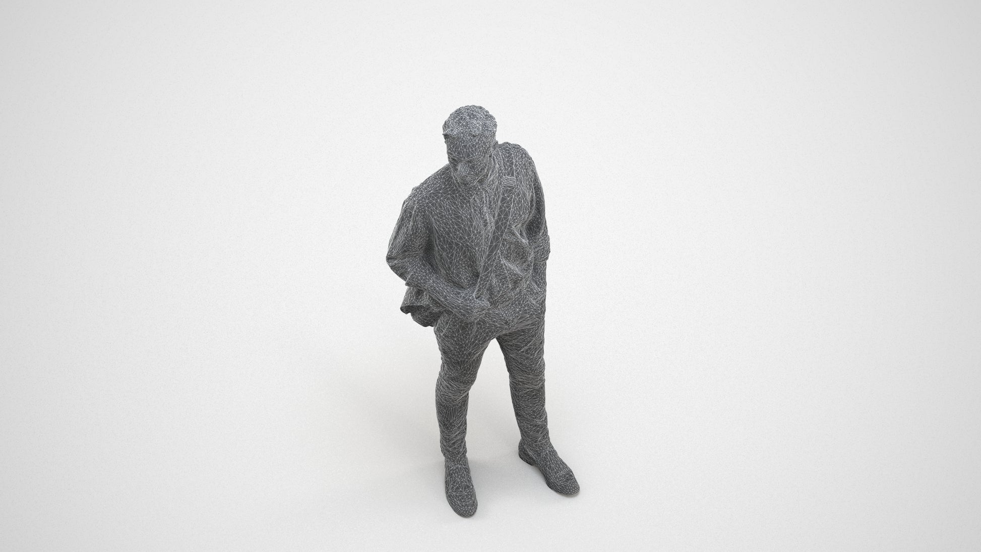 scanned 3D man casual standing, photogrammetry people for Enscape and V-Ray, wireframe three-quarter view