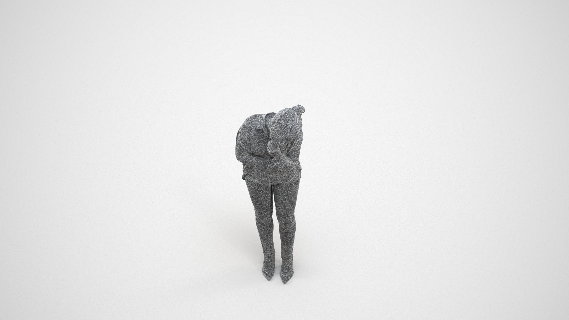 photogrammetry 3D woman business standing, realistic human model archviz FBX, wireframe three-quarter view