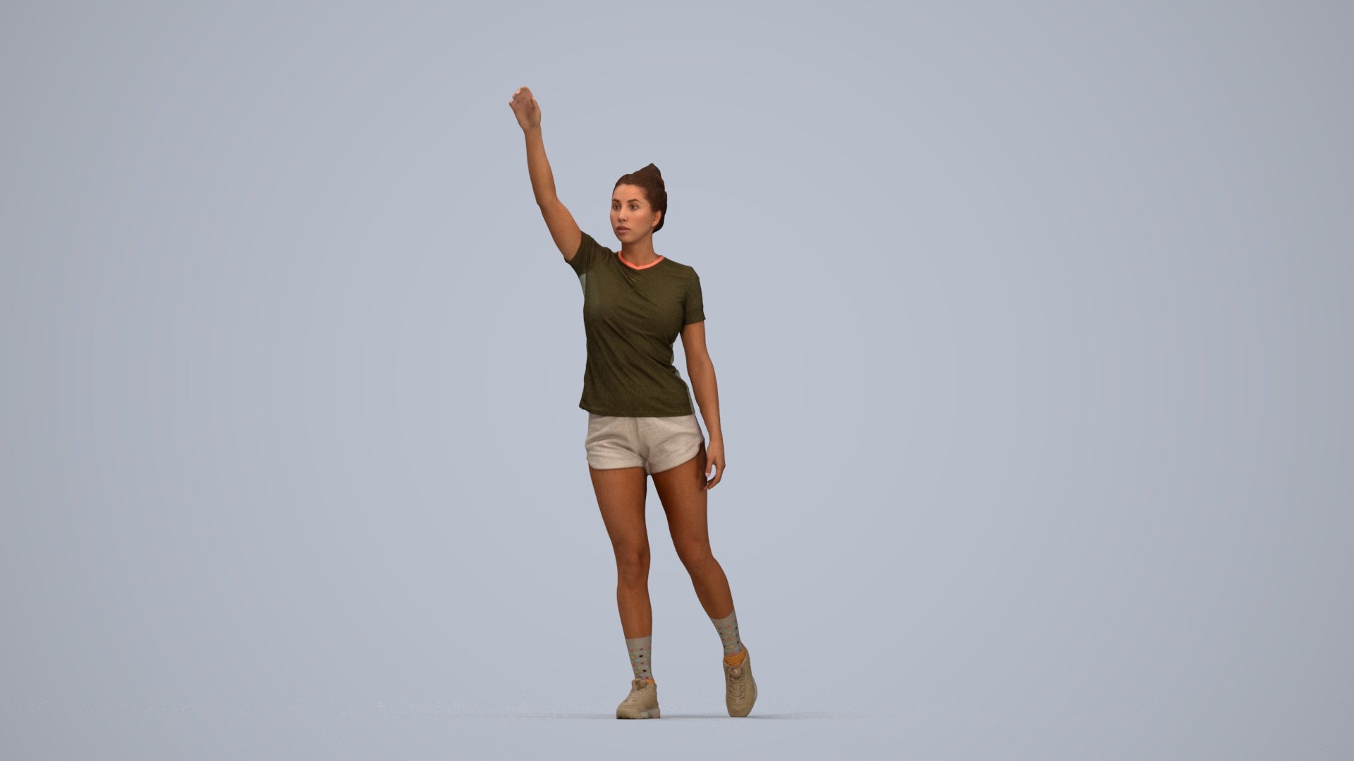 3D human model woman sport, photogrammetry scanned person for archviz, top-down view render