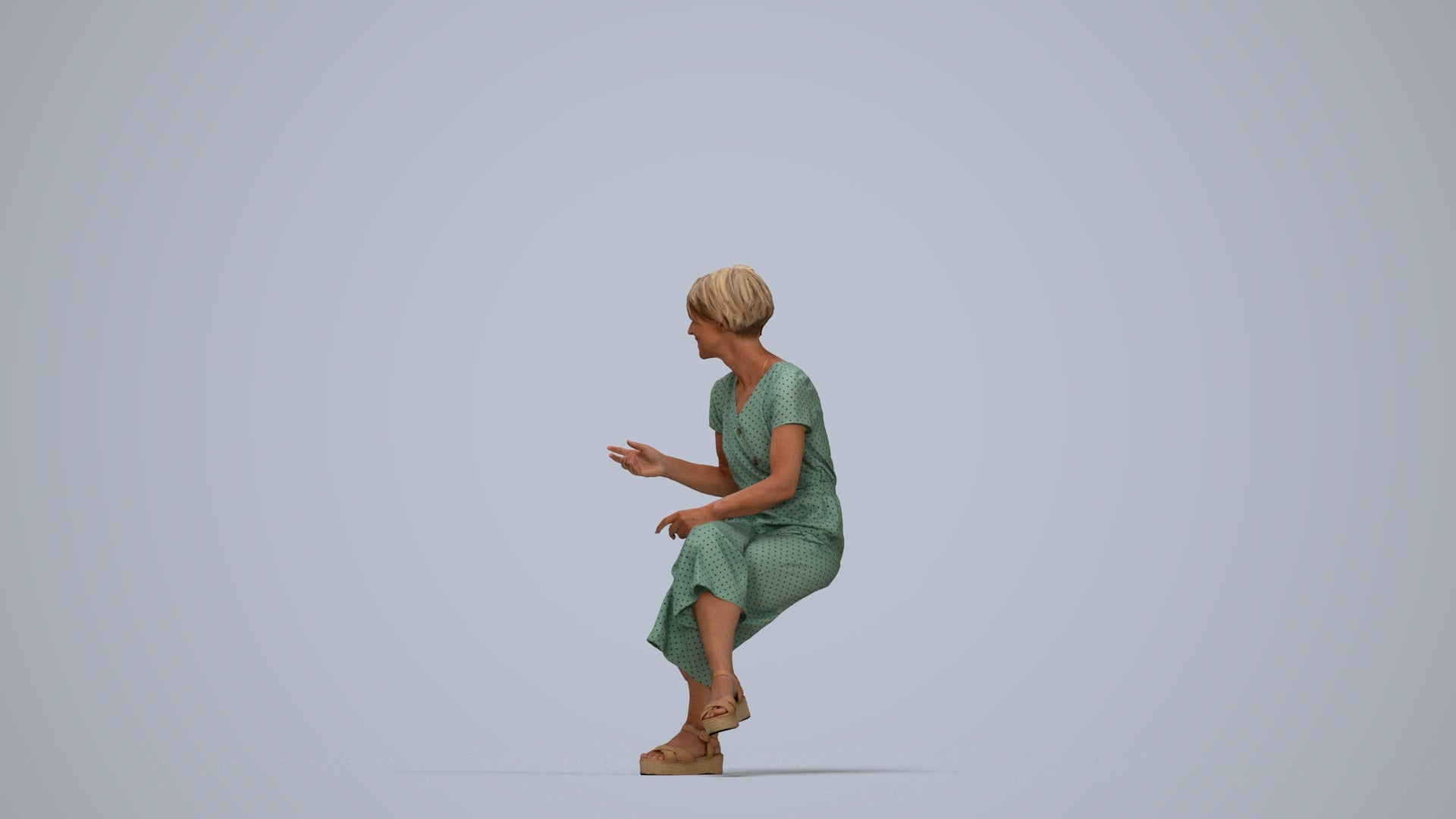 photogrammetry 3D senior woman casual sitting, realistic human model archviz FBX, top-down view render