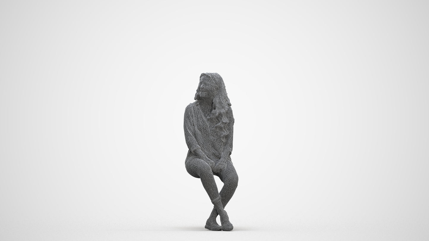 realistic 3D human woman casual sitting, archviz people FBX OBJ for Blender, three-quarter front view render