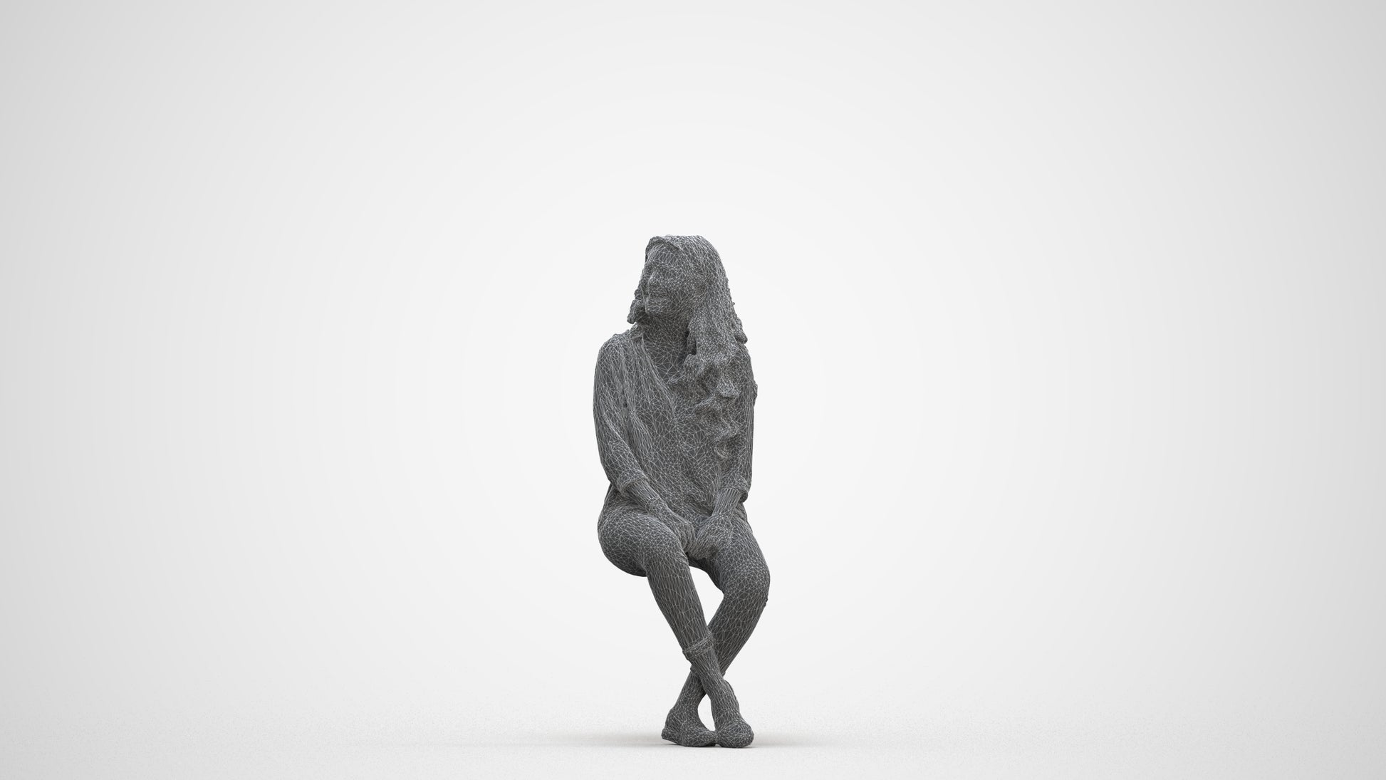realistic 3D human woman casual sitting, archviz people FBX OBJ for Blender, three-quarter front view render