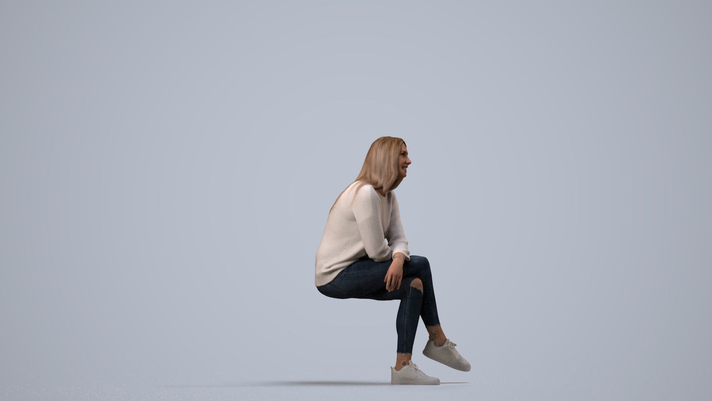 3D people model woman casual sitting, scanned human for 3ds Max rendering, side view render