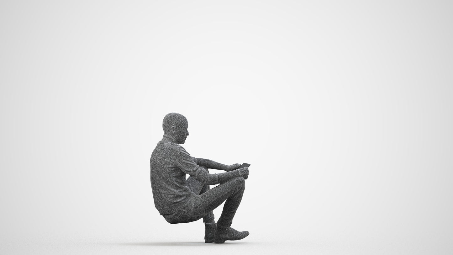 3D scanned man sitting casual, photorealistic archviz people for Enscape and SketchUp, wireframe side view